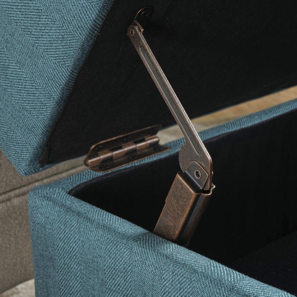 Ottoman with Storage, 28 Inch, Black Birch Wood, Teal Waffle Stitched -BM323679