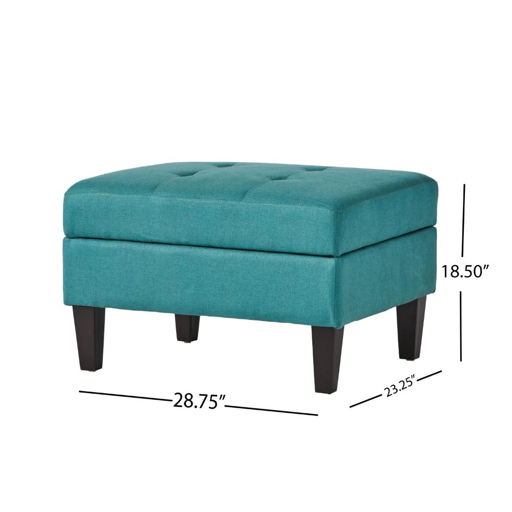 Ottoman with Storage, 28 Inch, Black Birch Wood, Teal Waffle Stitched -BM323679