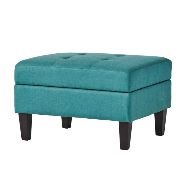 Ottoman with Storage, 28 Inch, Black Birch Wood, Teal Waffle Stitched