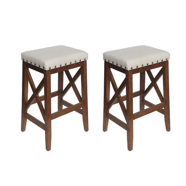 Arica Barstool Set of 2, Saddle Seat X-Cross Rubberwood, Light Beige