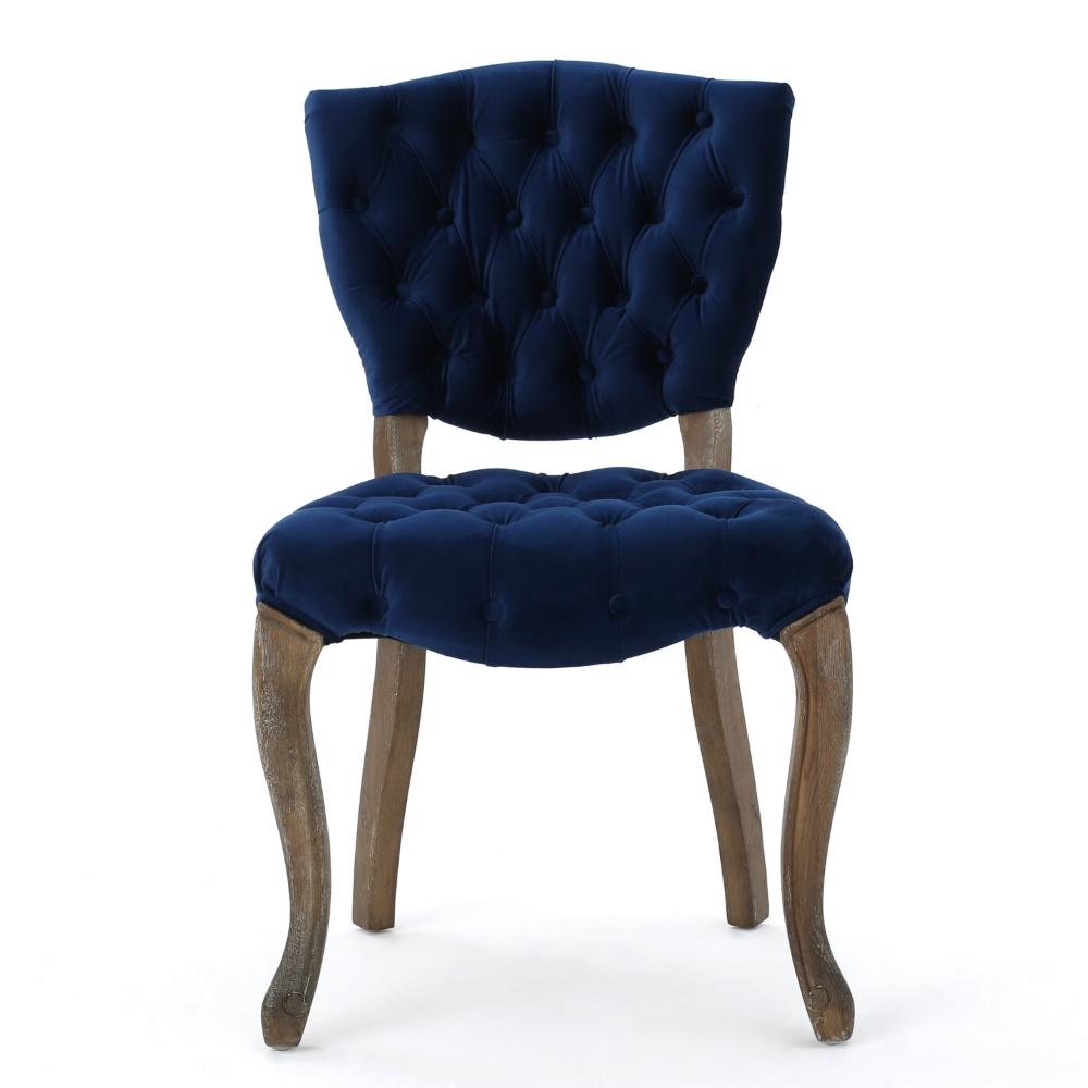 Dining Chair, Brown Weathered Hardwood, Navy Blue Tufted Faux-Velvet -BM323694