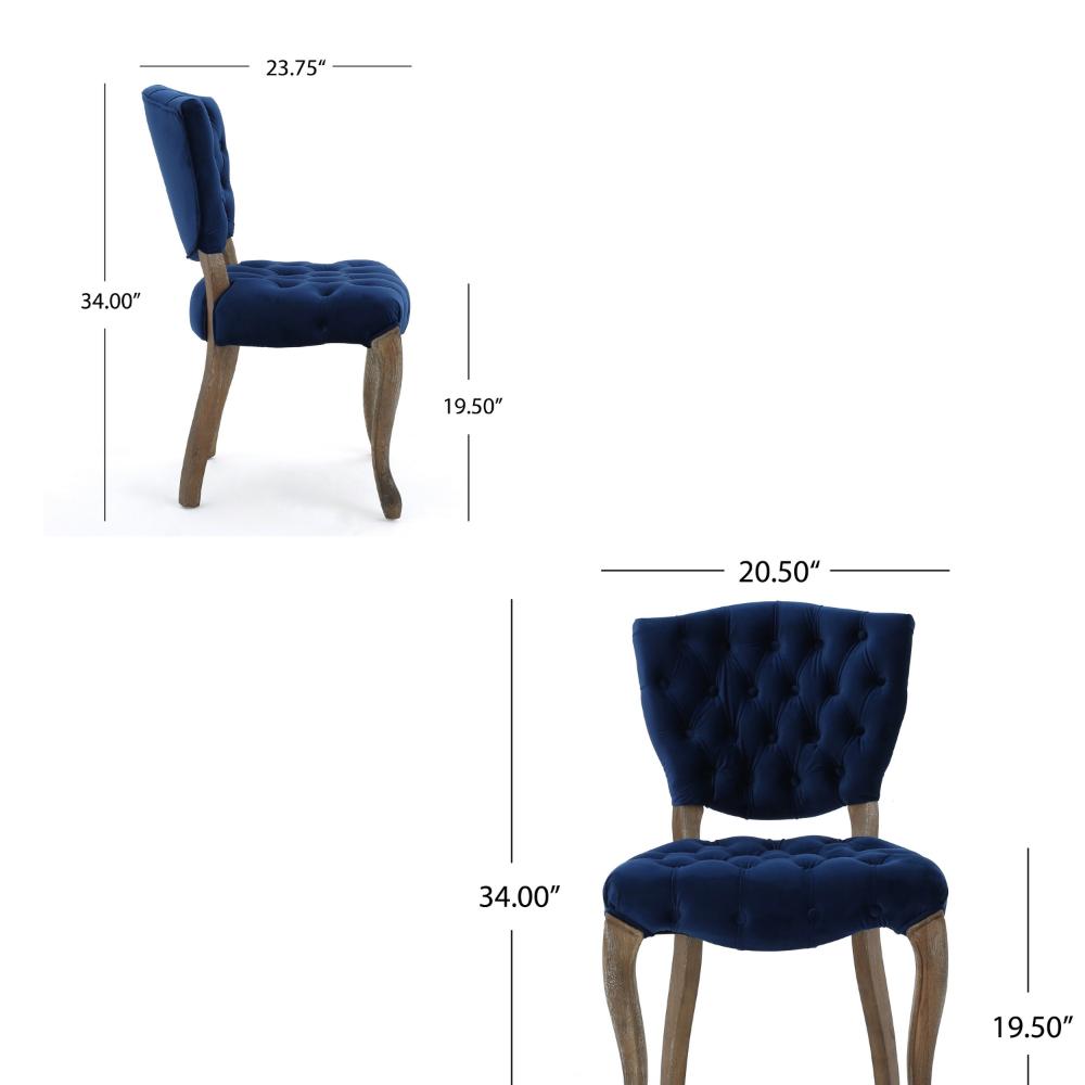 Dining Chair, Brown Weathered Hardwood, Navy Blue Tufted Faux-Velvet -BM323694