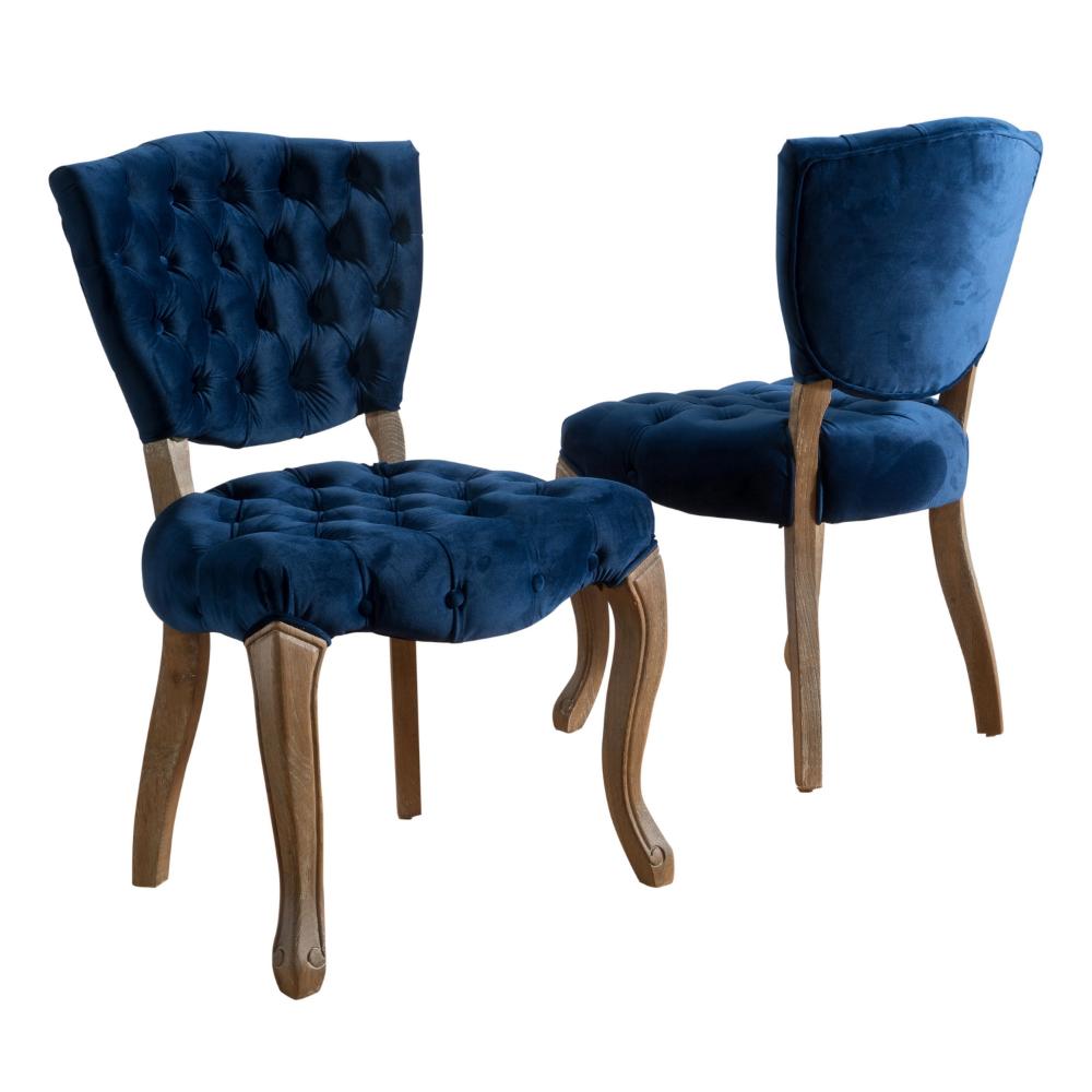 Dining Chair, Brown Weathered Hardwood, Navy Blue Tufted Faux-Velvet