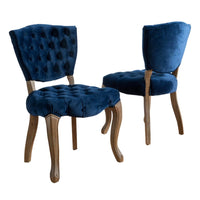 Dining Chair, Brown Weathered Hardwood, Navy Blue Tufted Faux-Velvet
