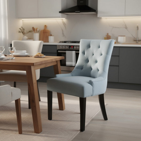 Chen Dining Chair Set of 2, Espresso Wood, Light Blue Button Tufted -BM323695