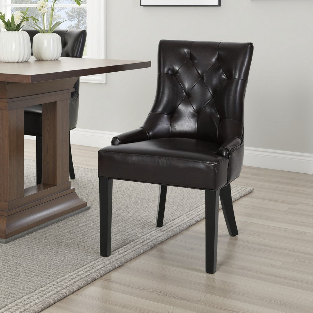 Chen Dining Chair Set of 2, Sloped Arms, Tufted Brown Faux Leather -BM323696
