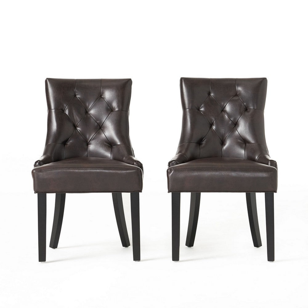 Chen Dining Chair Set of 2, Sloped Arms, Tufted Brown Faux Leather -BM323696
