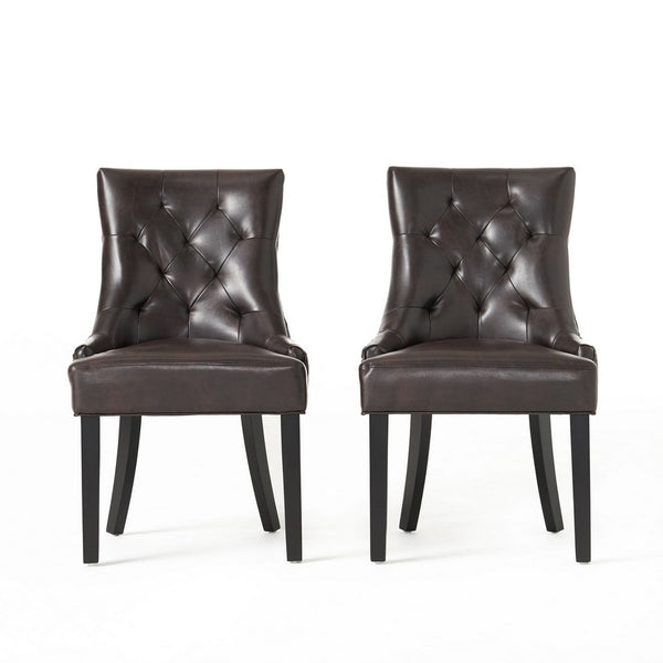 Chen Dining Chair Set of 2, Sloped Arms, Tufted Brown Faux Leather -BM323696