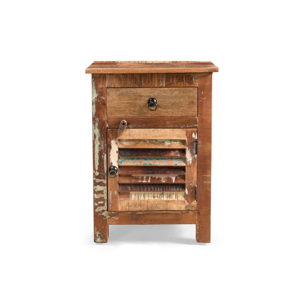 Side End Table, Storage, 25 Inch Black Metal, Natural Distressed Wood -BM323697