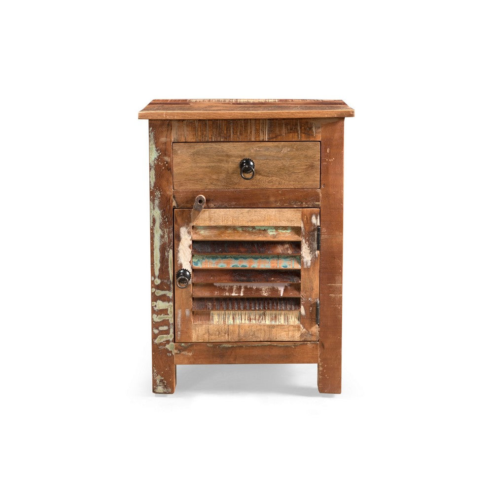 Side End Table, Storage, 25 Inch Black Metal, Natural Distressed Wood -BM323697