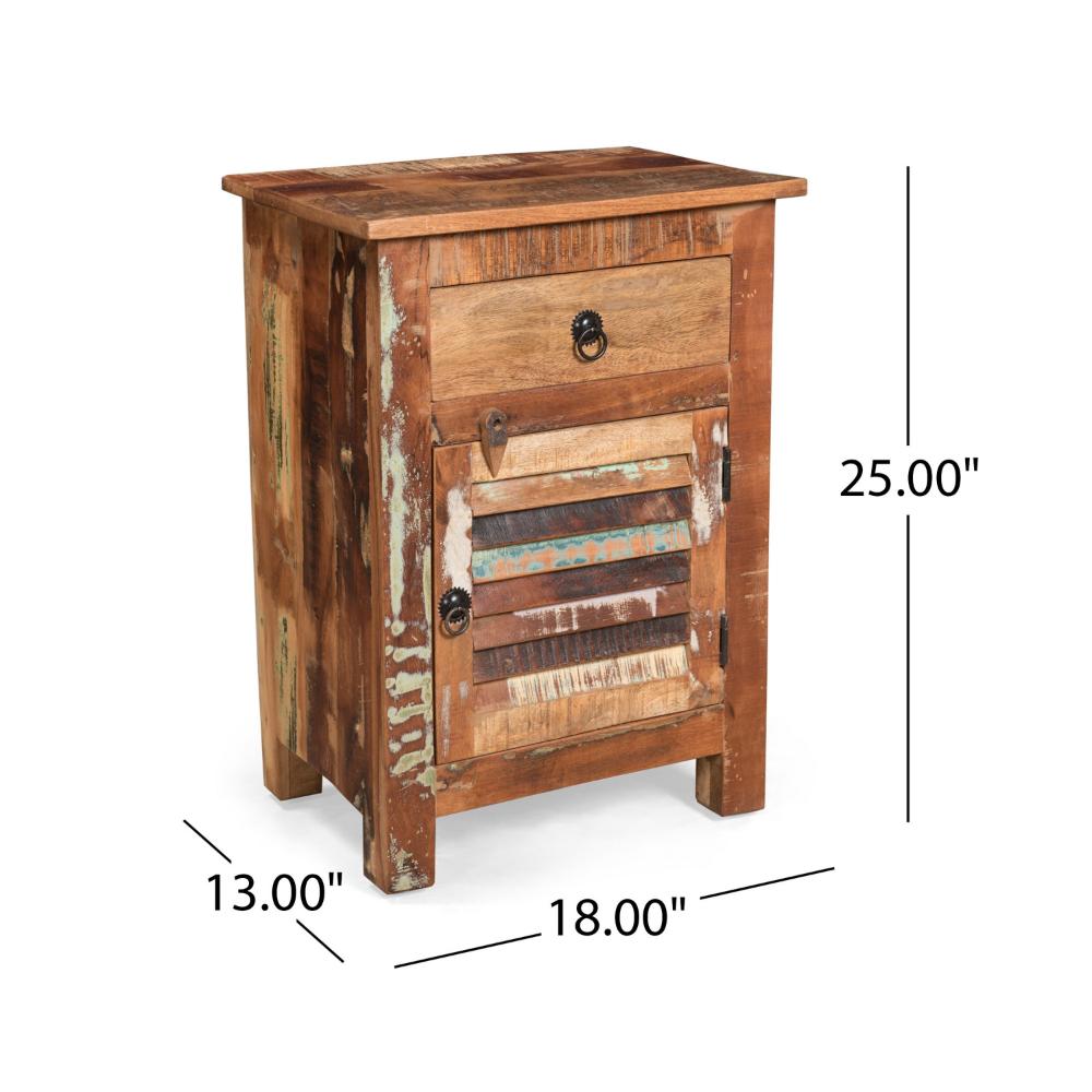 Side End Table, Storage, 25 Inch Black Metal, Natural Distressed Wood -BM323697