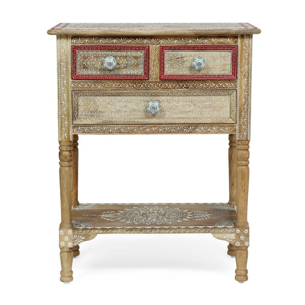Side End Table with 2 Drawers, 1 Shelf, 24 Inch Natural Mango Wood -BM323699
