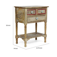 Side End Table with 2 Drawers, 1 Shelf, 24 Inch Natural Mango Wood -BM323699