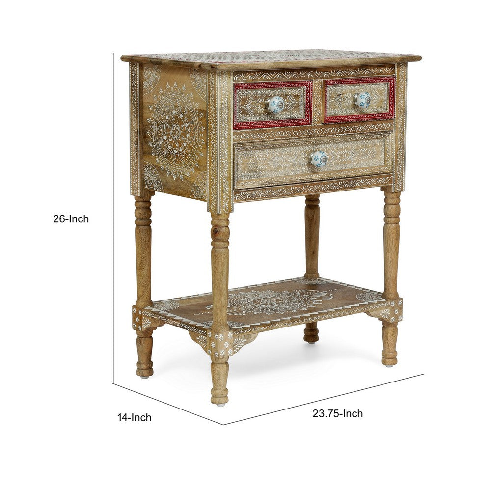 Side End Table with 2 Drawers, 1 Shelf, 24 Inch Natural Mango Wood -BM323699