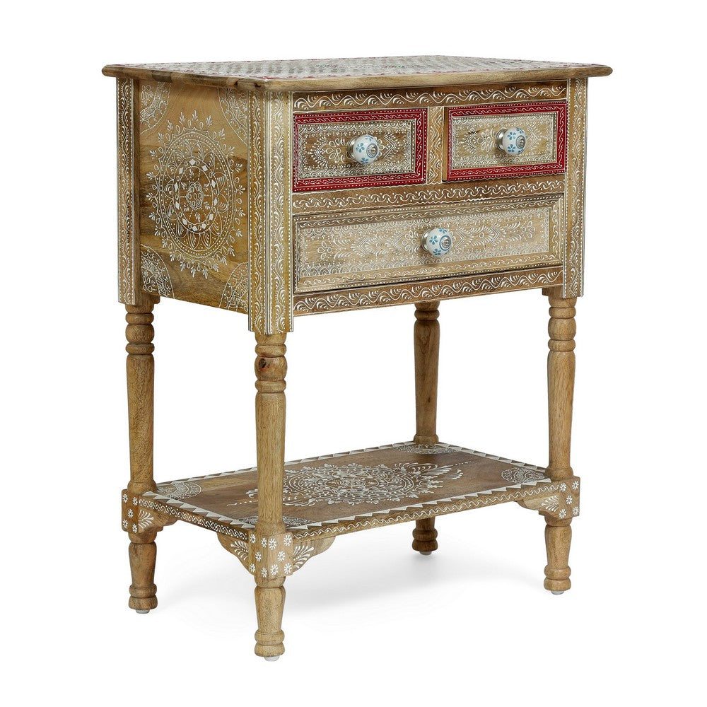 Side End Table with 2 Drawers, 1 Shelf, 24 Inch Natural Mango Wood -BM323699
