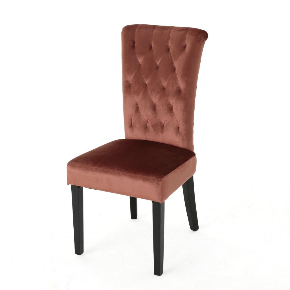 Chary Dining Chair Set of 2, Brown Wood, Blush Pink Tufted Velvet -BM323706