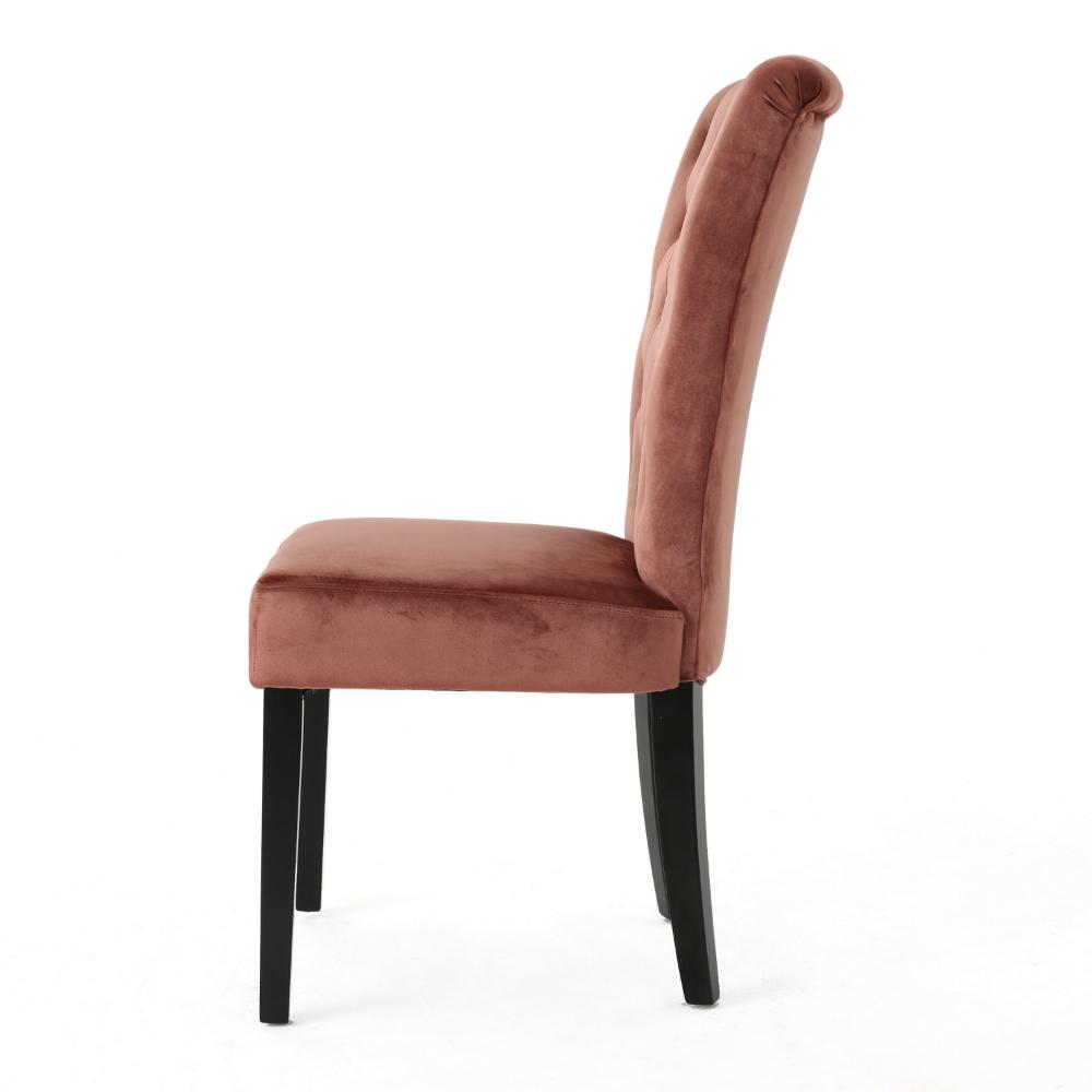 Chary Dining Chair Set of 2, Brown Wood, Blush Pink Tufted Velvet -BM323706