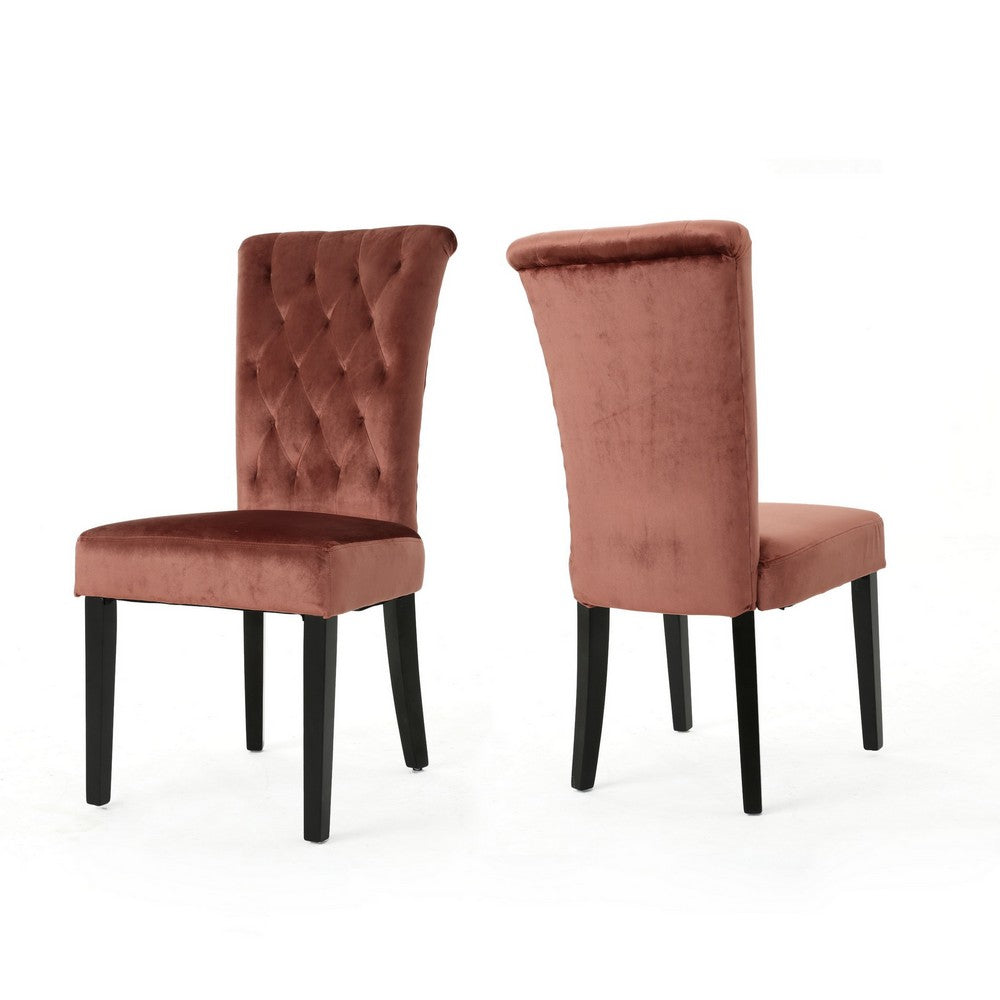 Chary Dining Chair Set of 2, Brown Wood, Blush Pink Tufted Velvet -BM323706