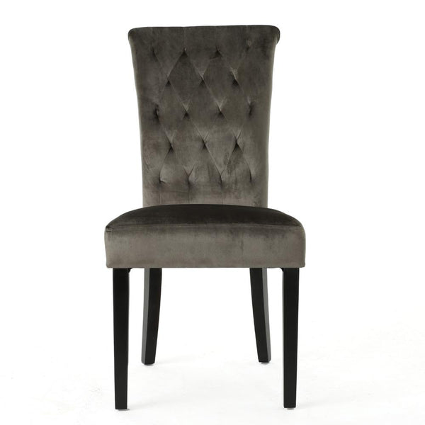 Chary Dining Chair Set of 2, Brown Wood, Classic Gray Tufted Velvet -BM323708