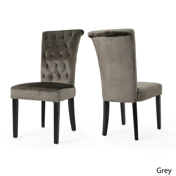 Chary Dining Chair Set of 2, Brown Wood, Classic Gray Tufted Velvet