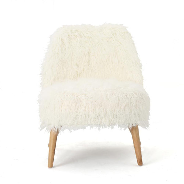 Accent Club Chair, Compact Brown Tapered Wood Legs, White Faux Fur -BM323711