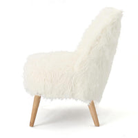 Accent Club Chair, Compact Brown Tapered Wood Legs, White Faux Fur -BM323711