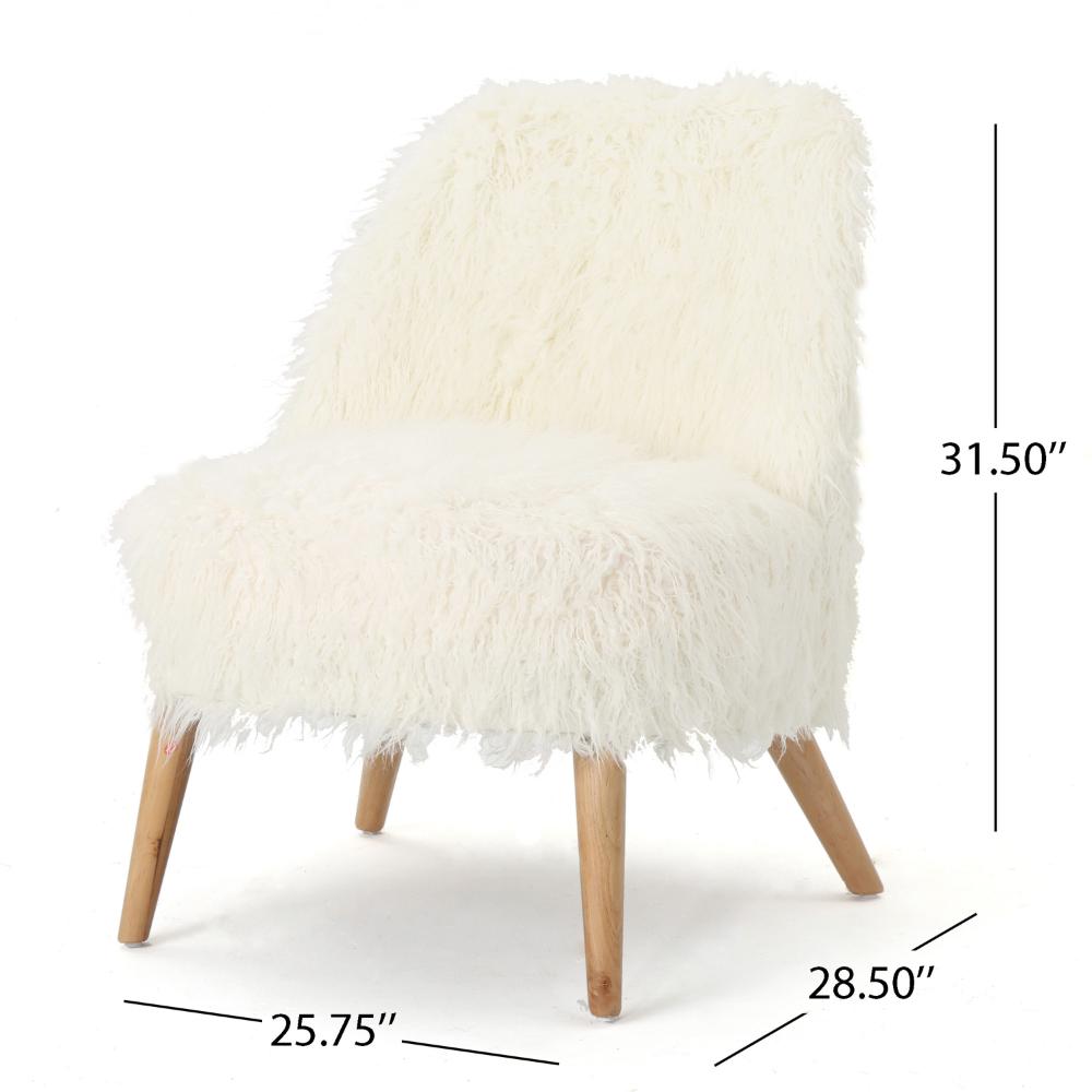 Accent Club Chair, Compact Brown Tapered Wood Legs, White Faux Fur -BM323711