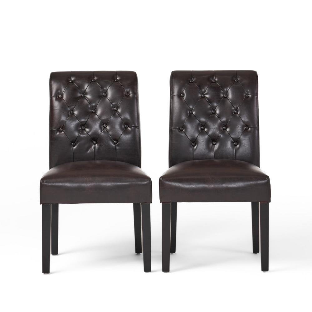 Armless Dining Chair, Brown Button Tufted Diamond Stitched Leather