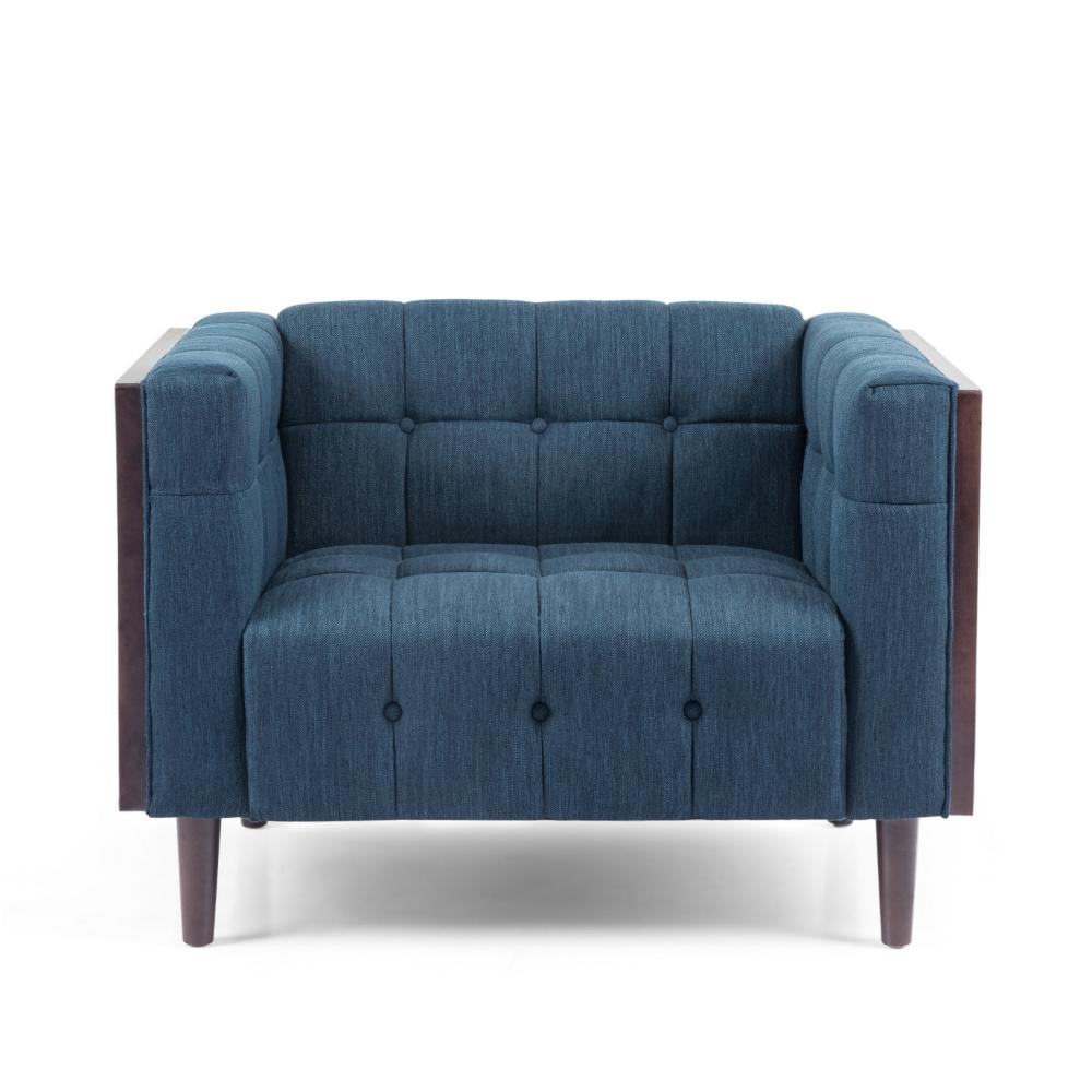 Accent Club Chair, Dark Brown Rubberwood, Navy Blue Button Tufted -BM323714