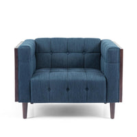 Accent Club Chair, Dark Brown Rubberwood, Navy Blue Button Tufted -BM323714