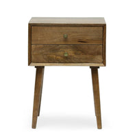 Side End Table, 2 Drawers, Splayed Legs, Natural Brown Mango Wood -BM323715