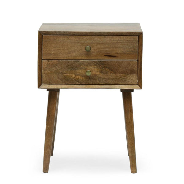 Side End Table, 2 Drawers, Splayed Legs, Natural Brown Mango Wood -BM323715