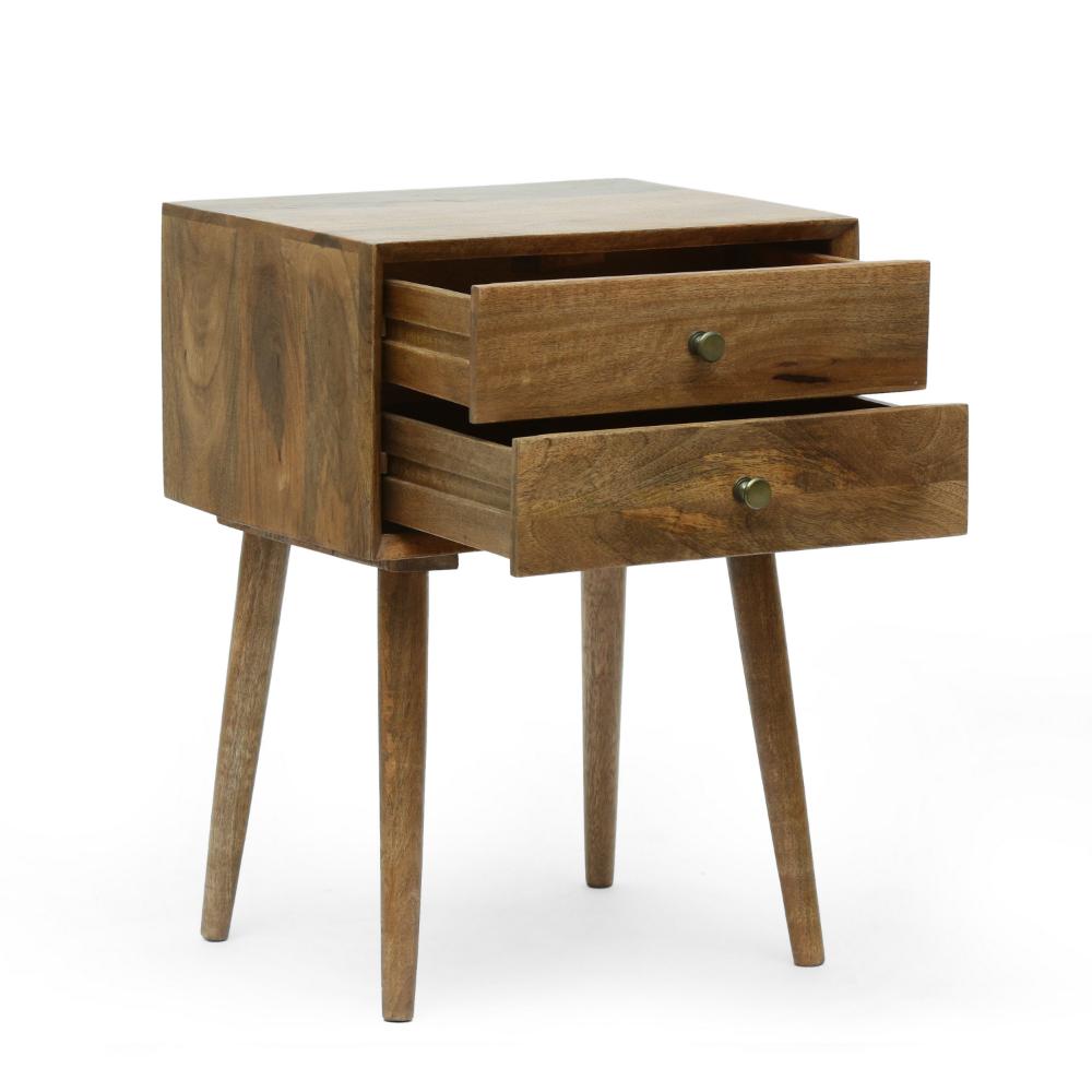 Side End Table, 2 Drawers, Splayed Legs, Natural Brown Mango Wood -BM323715