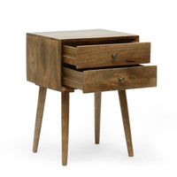 Side End Table, 2 Drawers, Splayed Legs, Natural Brown Mango Wood -BM323715