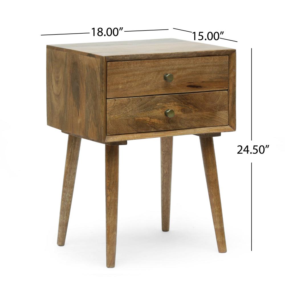 Side End Table, 2 Drawers, Splayed Legs, Natural Brown Mango Wood -BM323715