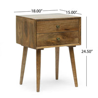 Side End Table, 2 Drawers, Splayed Legs, Natural Brown Mango Wood -BM323715