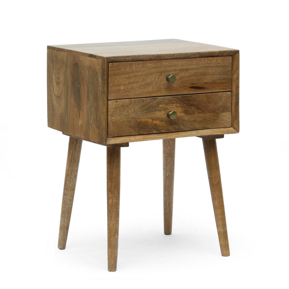 Side End Table, 2 Drawers, Splayed Legs, Natural Brown Mango Wood