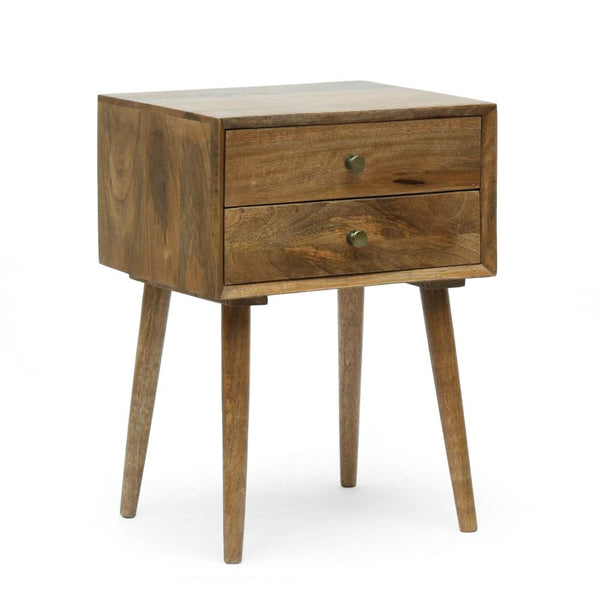 Side End Table, 2 Drawers, Splayed Legs, Natural Brown Mango Wood
