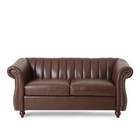 Faye Loveseat, Nailhead Trim, 62 Inch, Channel Stitched Brown Faux Leather -BM323727