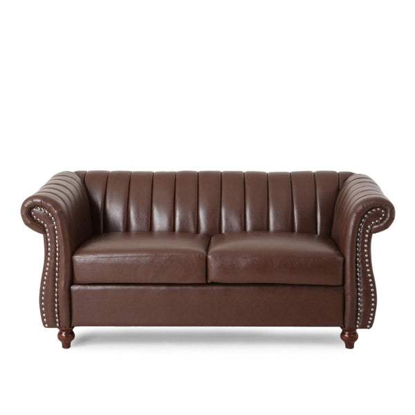 Faye Loveseat, Nailhead Trim, 62 Inch, Channel Stitched Brown Faux Leather -BM323727