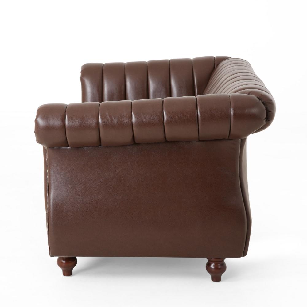 Faye Loveseat, Nailhead Trim, 62 Inch, Channel Stitched Brown Faux Leather -BM323727