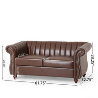 Faye Loveseat, Nailhead Trim, 62 Inch, Channel Stitched Brown Faux Leather -BM323727