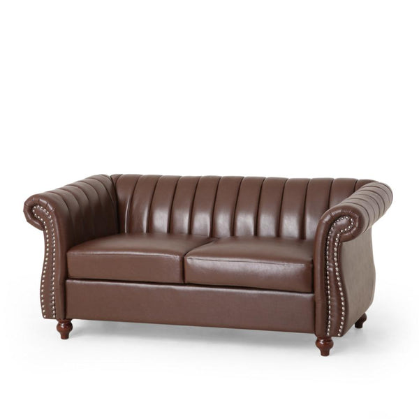 Faye Loveseat, Nailhead Trim, 62 Inch, Channel Stitched Brown Faux Leather