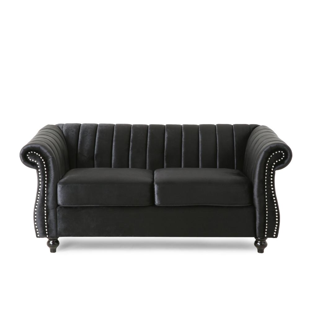 Faye Loveseat, Nailhead Trim, 62 Inch, Channel Stitched Plush Black Velvet -BM323728