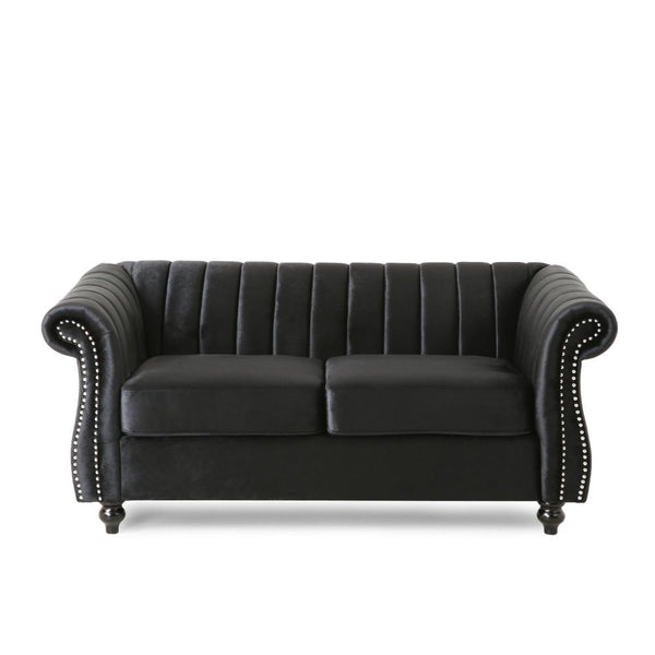 Faye Loveseat, Nailhead Trim, 62 Inch, Channel Stitched Plush Black Velvet -BM323728