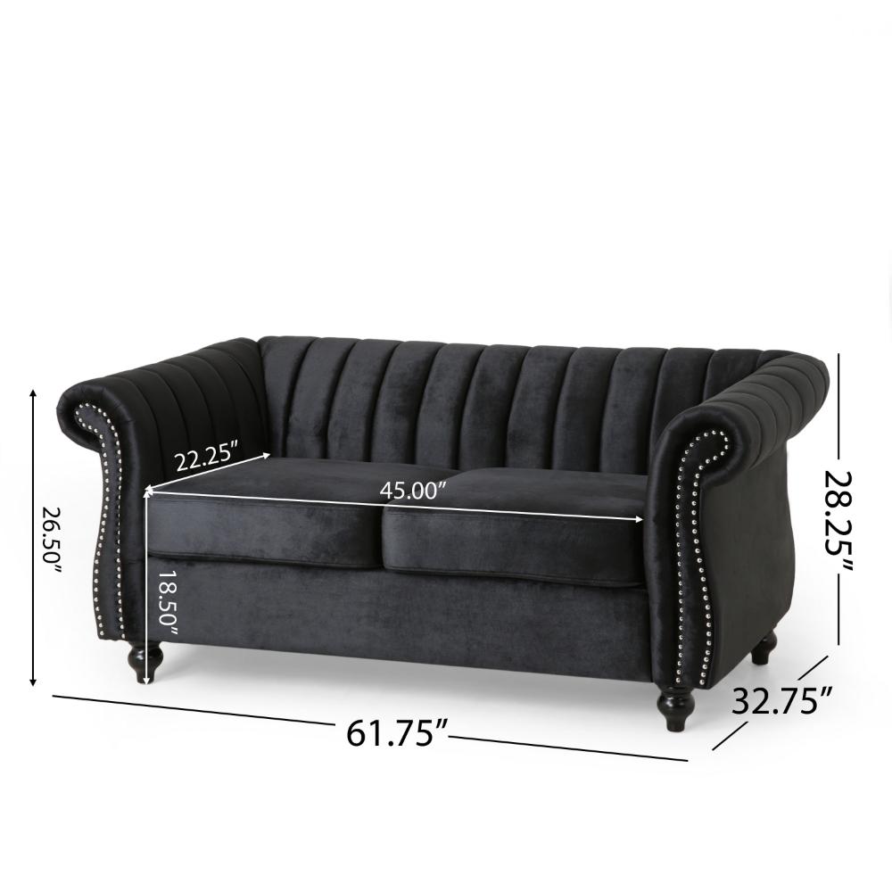 Faye Loveseat, Nailhead Trim, 62 Inch, Channel Stitched Plush Black Velvet -BM323728