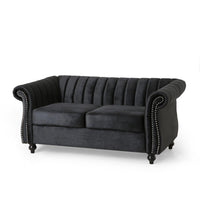 Faye Loveseat, Nailhead Trim, 62 Inch, Channel Stitched Plush Black Velvet