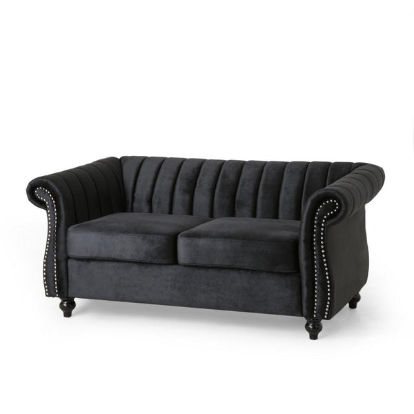 Faye Loveseat, Nailhead Trim, 62 Inch, Channel Stitched Plush Black Velvet