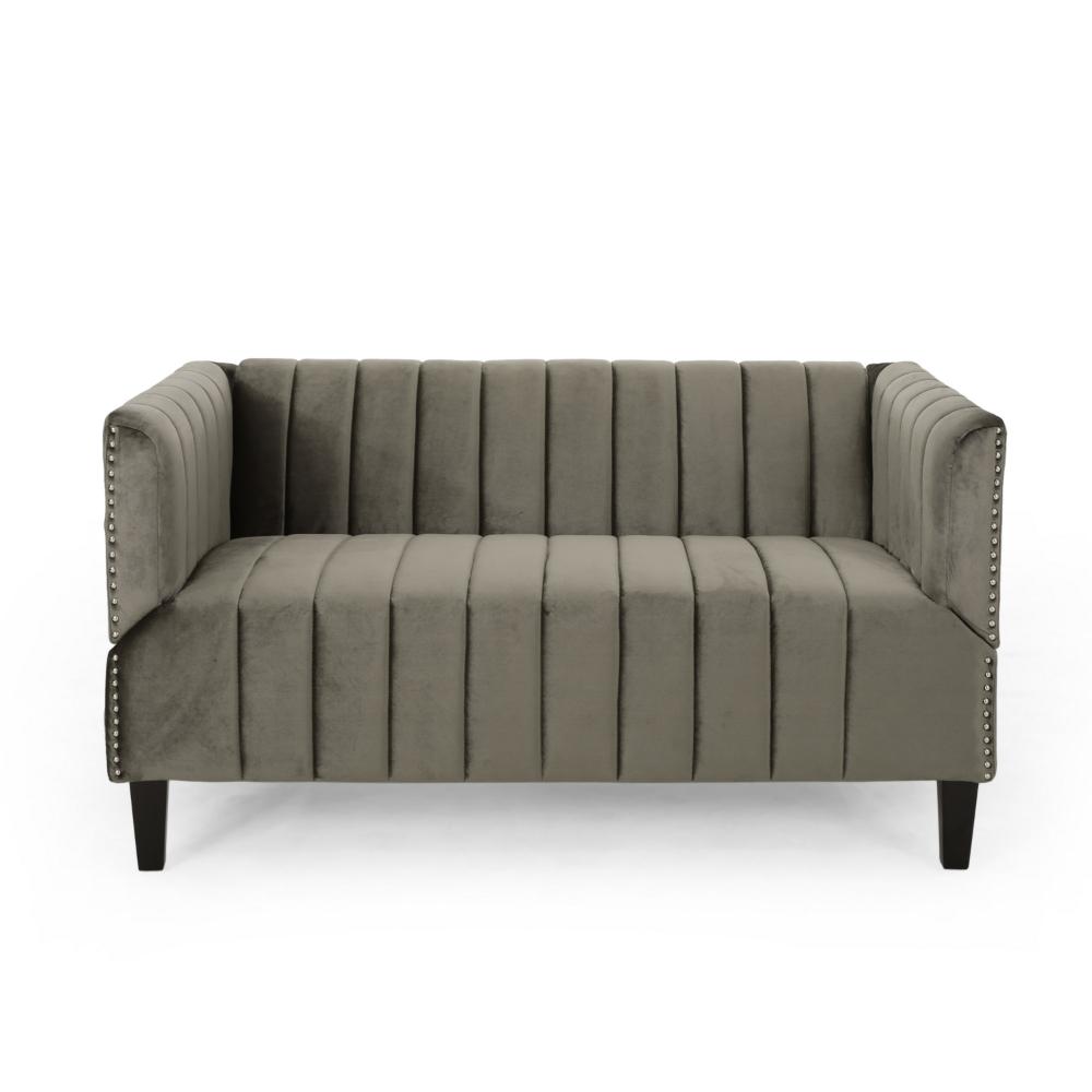 Loveseat, Nailhead Trim, Tuxedo Arms, 53 Inch Channel Stitch Gray Velvet -BM323729