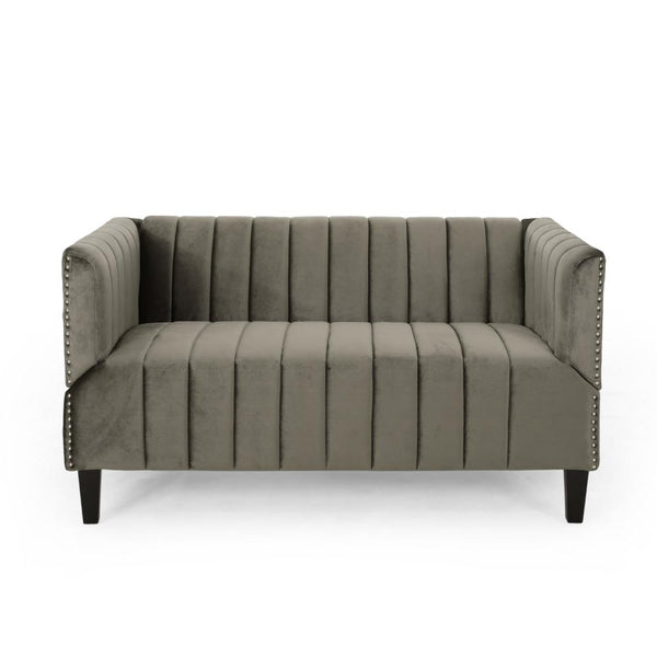 Loveseat, Nailhead Trim, Tuxedo Arms, 53 Inch Channel Stitch Gray Velvet -BM323729